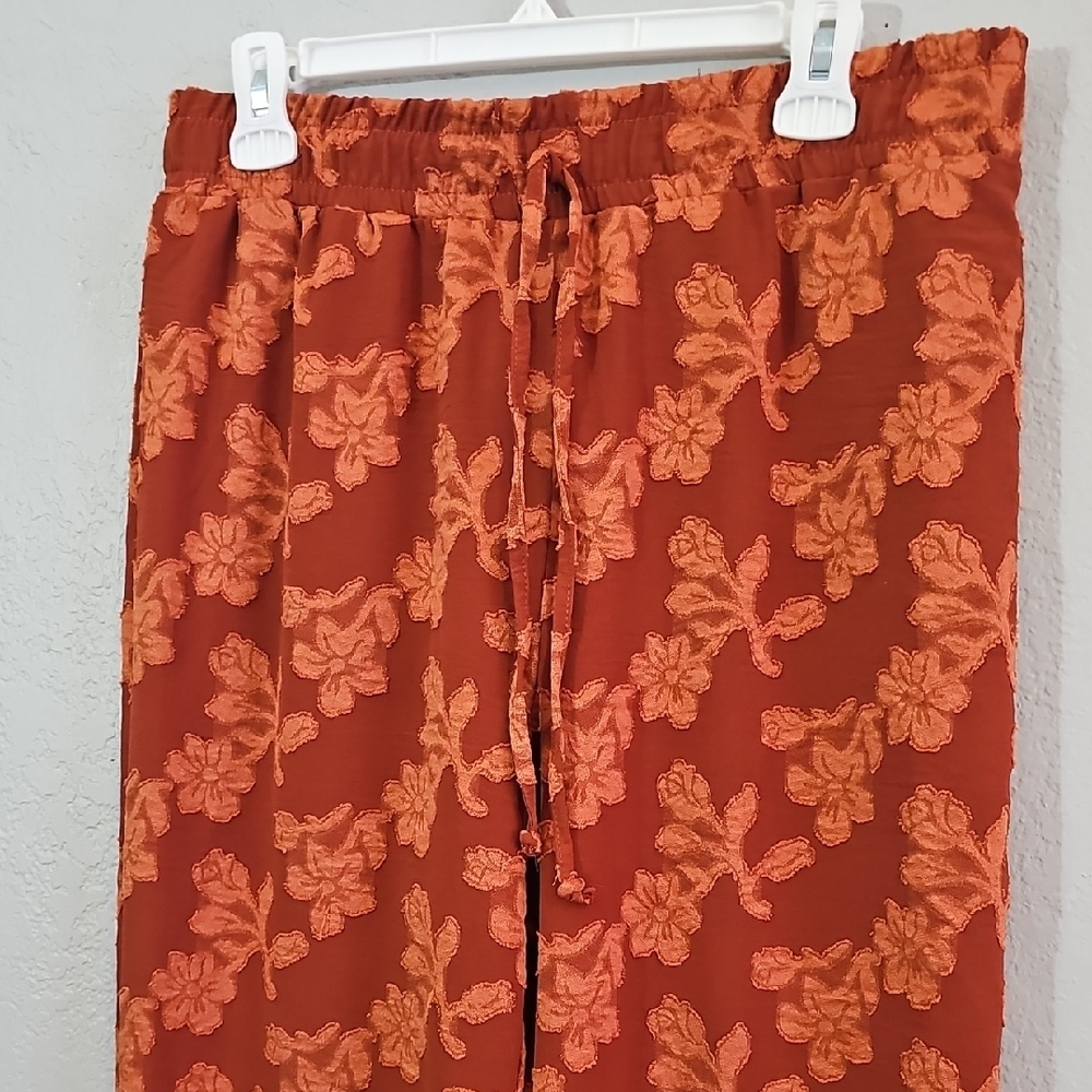 Messini Floral Wide Leg Pants, Red/Orange, Womens Medium High Rise - Picture 2 of 5